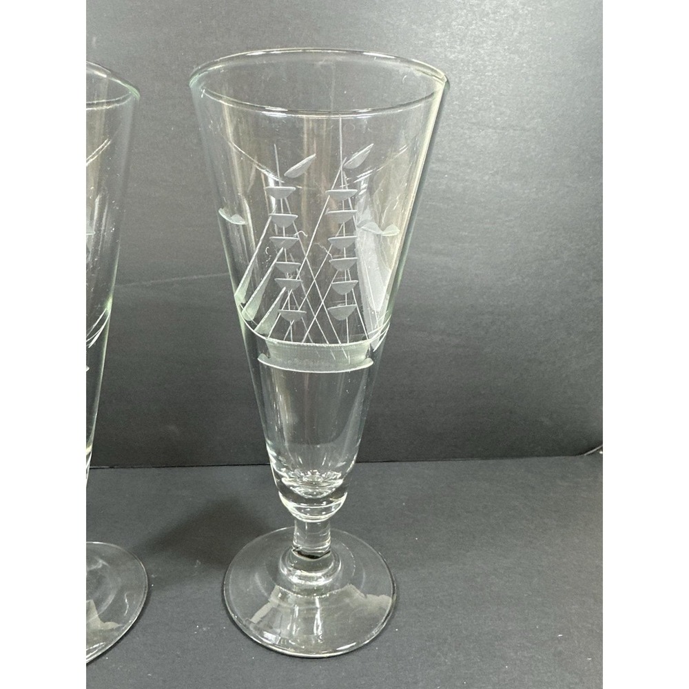 Javit Sailboat Pilsner Beer Glasses Etched‎ Nautical Clipper Schooner Ship 80's - Picture 3 of 9